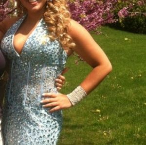 Gem Studded ice blue prom sheath by Jasz size 8